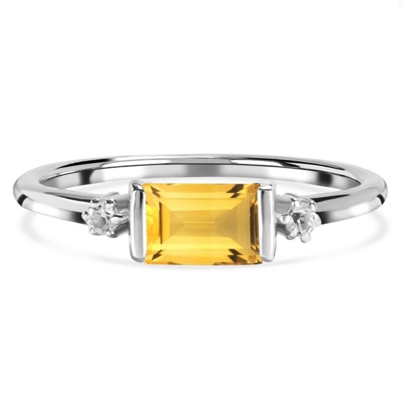 Natural Citrine and White Topaz Emerald Cut Sterling Silver Ring - Picture 2 of 3